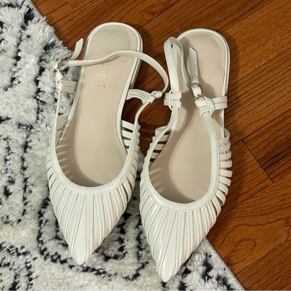 Nine West White Pointed Toe Slingback Flats Women’s 8.5 M Woven Cutout Shoes